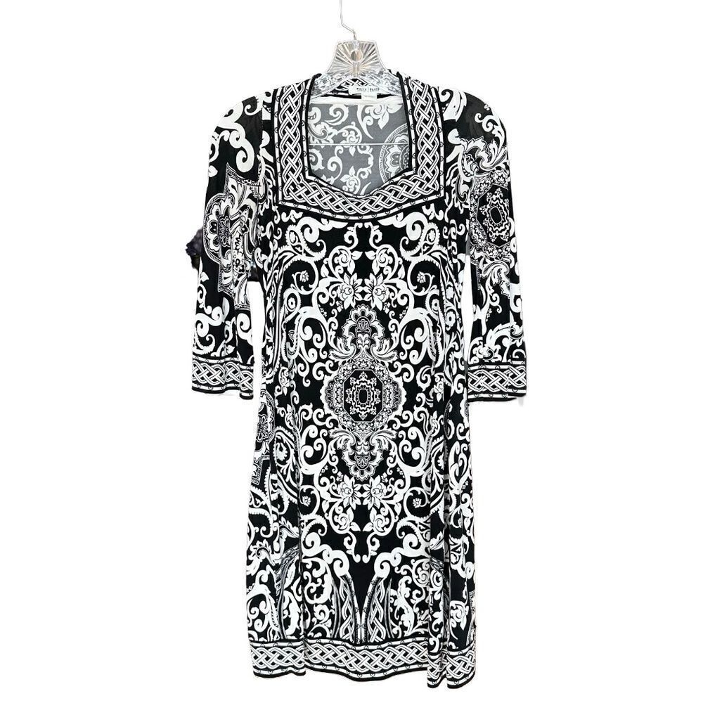 WHBM Black & White 3/4 Sleeve Square Neck  Pattern Midi-Knee Dress Size XS